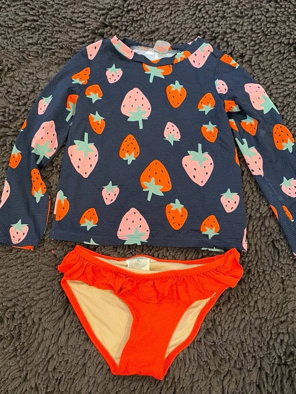 Old Navy Navy Long-Sleeve Strawberry Print Rashguard with Red Bikini Bottoms